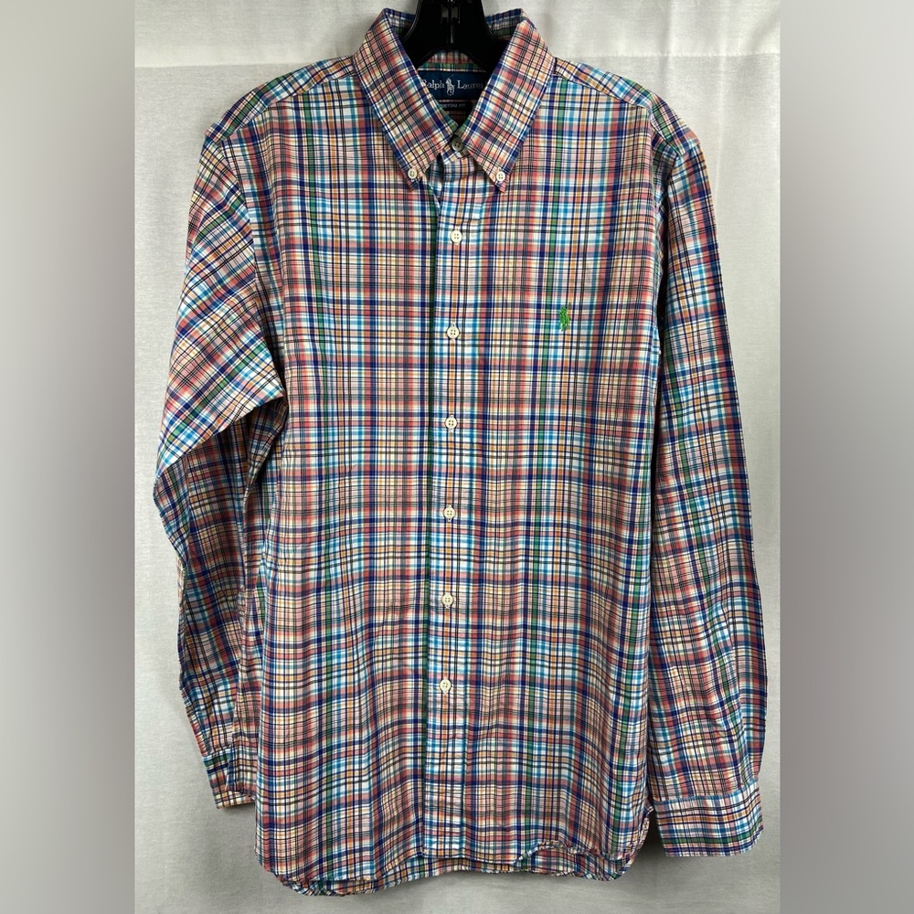 POLO RALPH LAUREN CUSTOM FIT DRESS SHIRT SIZE M BLUE RED GREEN YELLOW CHECKERED